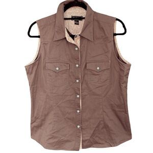 Bit & Bridle Sleeveless Shirt Wm’s Sz Lrg Brown Floral Print Ranch Western Top